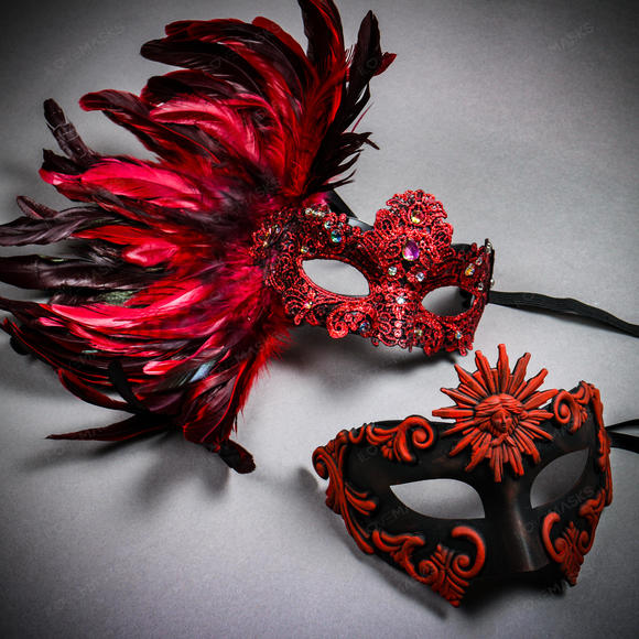 Red Roman Greek Emperor & Side Feather Lace Couple Masquerade Masks - Picture 1 of 4